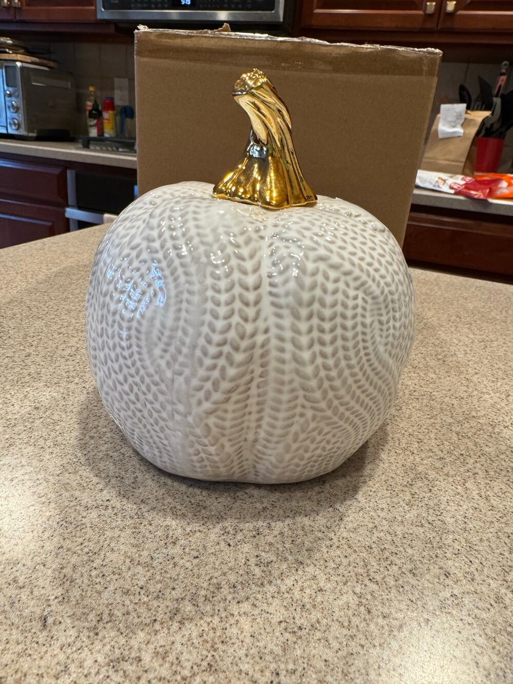 Macy's Ceramic White and Gold Pumpkin Figurine Fall Decor 7" High